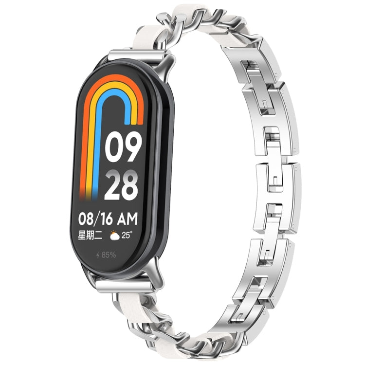 Silver link replacement watch band with fitness tracker, rainbow clock display