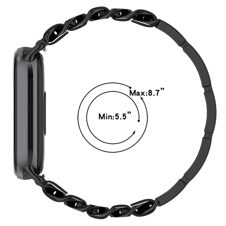 Black adjustable watch band with size range, Min 5.5 in and Max 8.7 in