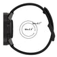 Black silicone watch band with adjustable fit range diagram