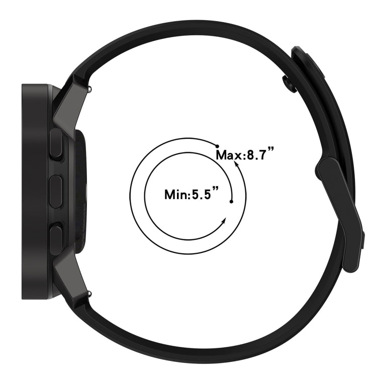 Black silicone watch band with adjustable fit range diagram