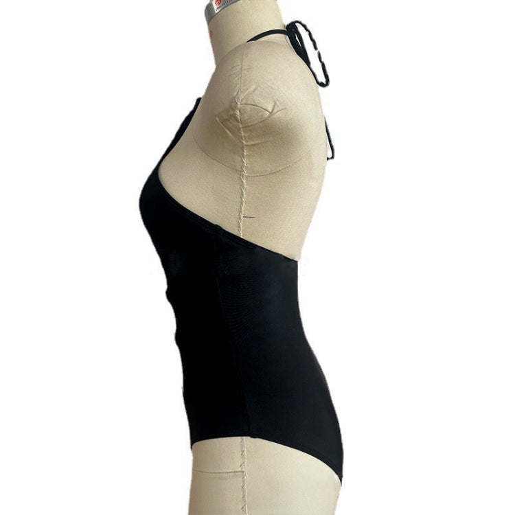 Black one-piece swimsuit with lace-up back and tie closure