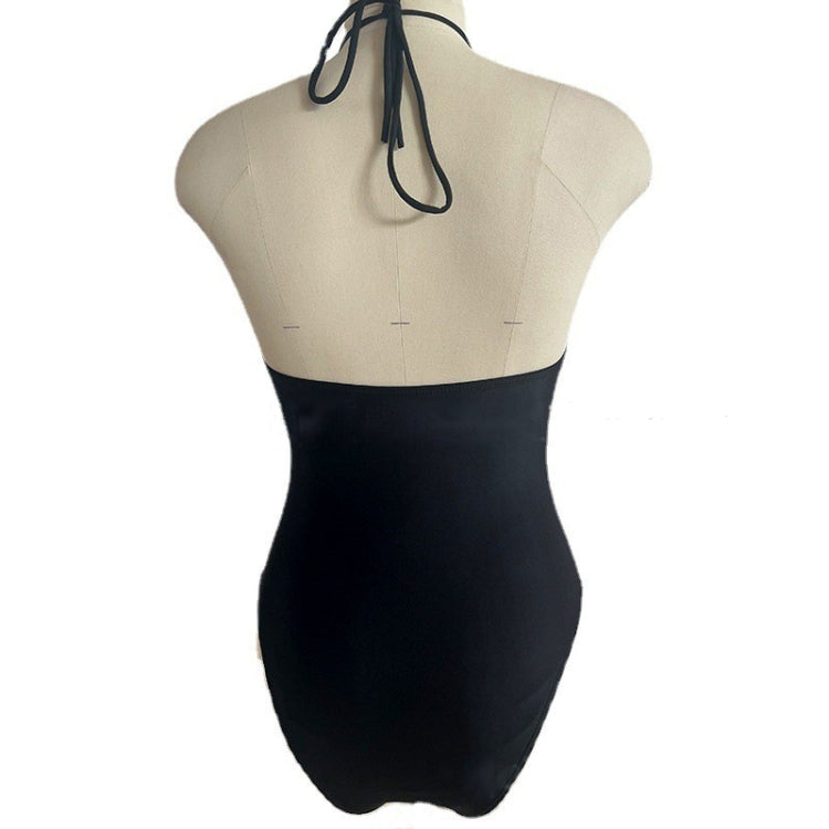 Black halter-style one-piece swimsuit with neck tie on back