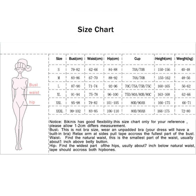 Swimsuit size chart with bust, waist, hip, height, and weight measurements