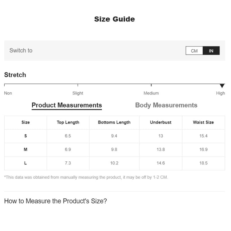 Bikini swimsuit size guide chart with stretch level and size measurements table