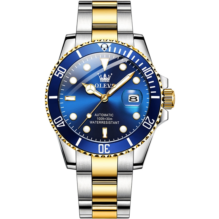 Men's luminous waterproof mechanical watch with blue dial and gold-accented steel bracelet