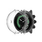 Transparent TPU watch case cover with snap-on corners and raised rim for smartwatch face.