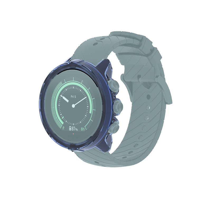 Transparent TPU watch case cover in navy tint with raised bezel for round smartwatch screen.
