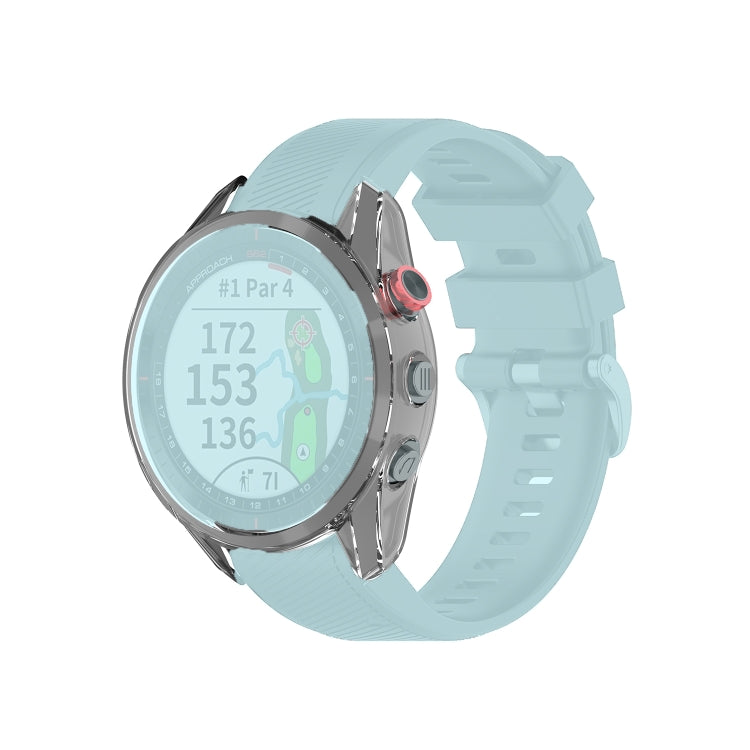Light clear TPU watch case cover with raised bezel and cutouts for round smartwatch.
