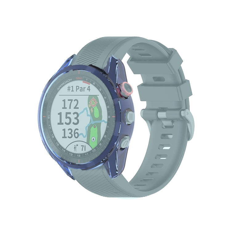 Transparent TPU watch case cover in blue, fitted to a sports smartwatch.