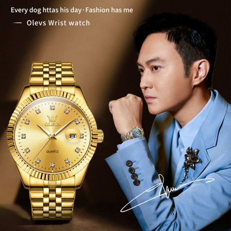 Gold-tone men’s quartz watch on wrist with diamond markers and crown at right