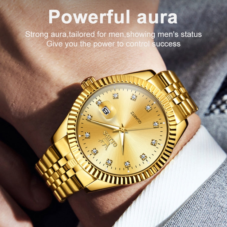 Gold-tone men’s quartz watch with diamond markers on wrist, textured bezel, link strap