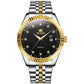 Two-tone men’s quartz watch with black dial, gold bezel, diamond markers, silver link strap