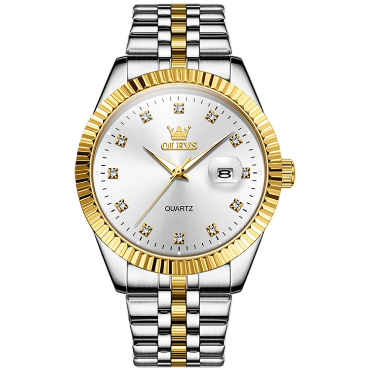 Two-tone men’s quartz watch with white dial, gold bezel, diamond markers, silver link strap