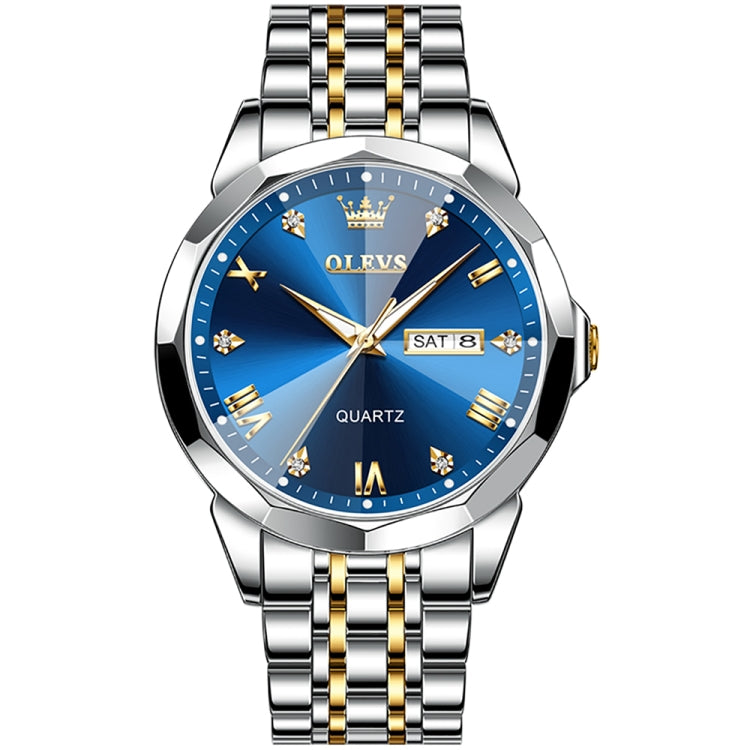 Two-tone men’s quartz watch with blue dial, gold markers, and metal link bracelet