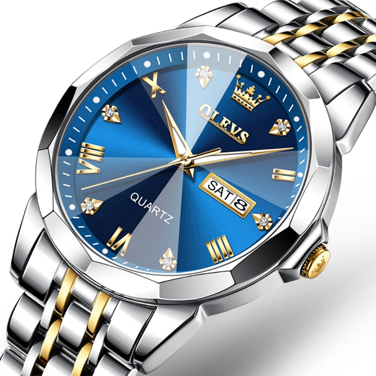 Two-tone quartz watch close-up with blue dial, gold hands, and date window reading SAT 8