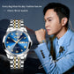 Men’s two-tone quartz watch on wrist, blue dial with gold markers and SAT 8 date window