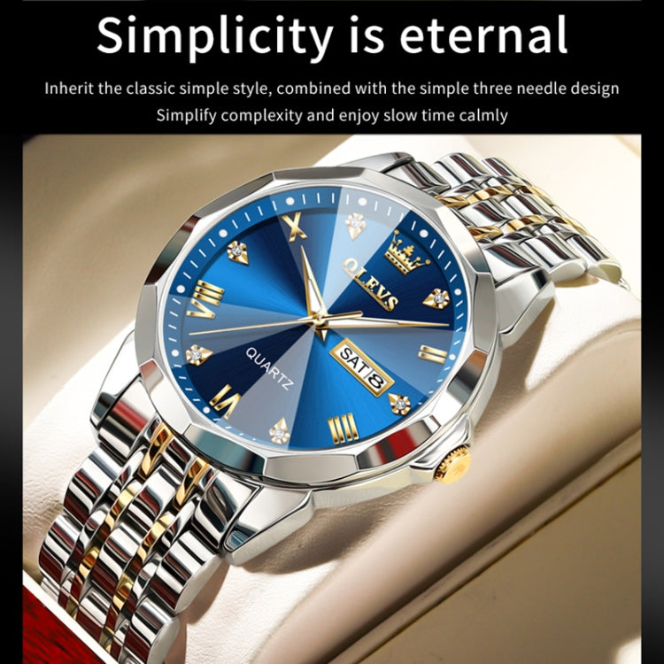 Two-tone men’s quartz watch angled view with blue dial, gold crown details, and SAT 8 date