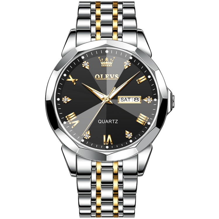 Two-tone men’s quartz watch with black dial, gold markers, and metal link bracelet