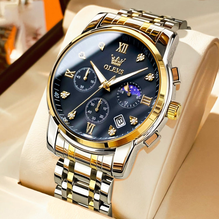 Men's multifunction quartz wristwatch with black dial and gold-accented metal bracelet
