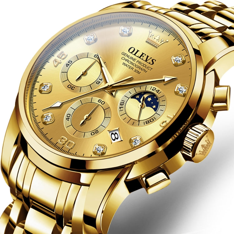 Gold-toned multifunction quartz watch close-up with three subdials and 24-hour display