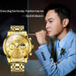 Men's gold multifunction quartz watch worn on wrist, with three subdials and date window