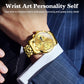 Gold multifunction quartz watch on wrist with three subdials and 24-hour display