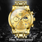 Men's gold waterproof quartz watch with three subdials, 24-hour display, and date window