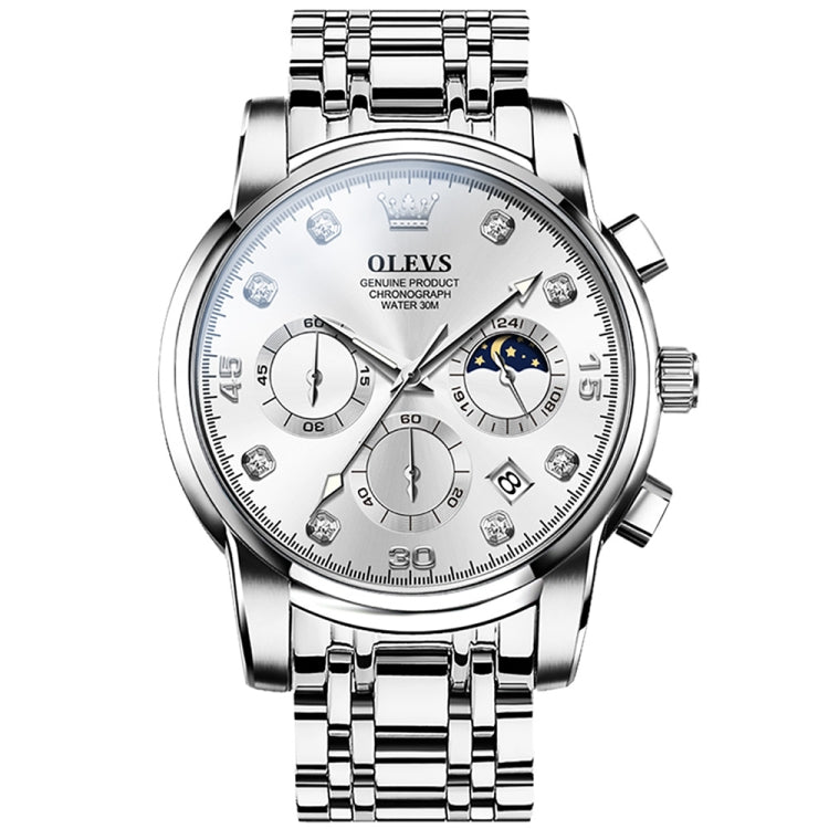 Men's silver-tone multifunction quartz watch with three subdials, 24-hour display, and date window