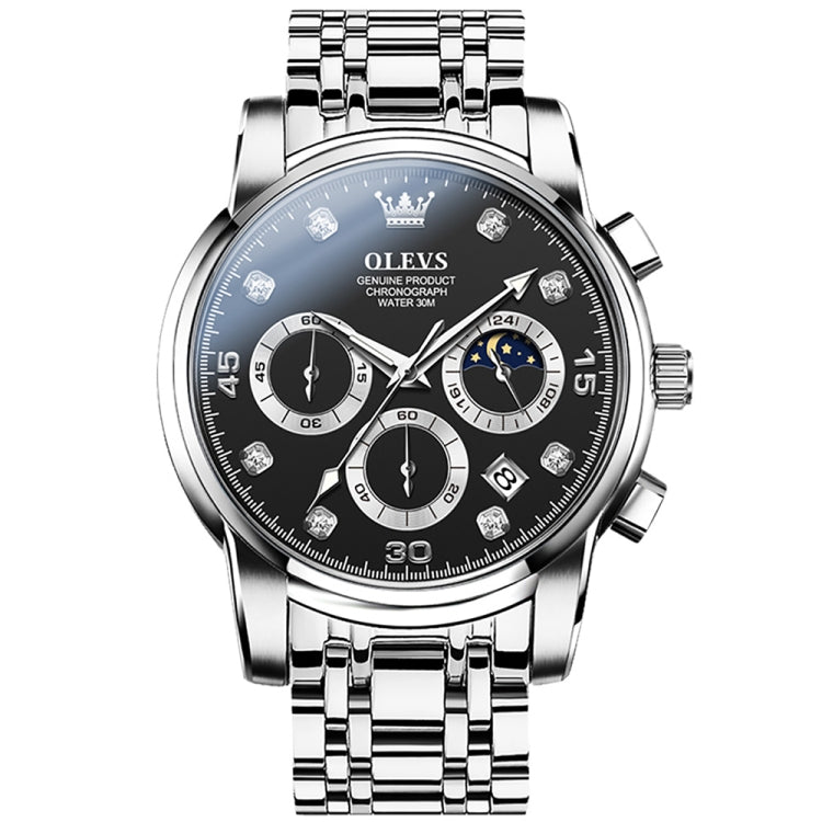 Men's multifunction luminous waterproof quartz watch with black dial and silver bracelet