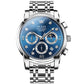 Men's multifunction luminous waterproof quartz watch with blue dial and silver bracelet