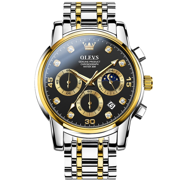 Men's multifunction luminous waterproof quartz watch with dark dial and gold-accent bracelet