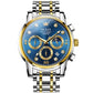 Men's multifunction luminous waterproof quartz watch with blue dial and gold-accent bracelet