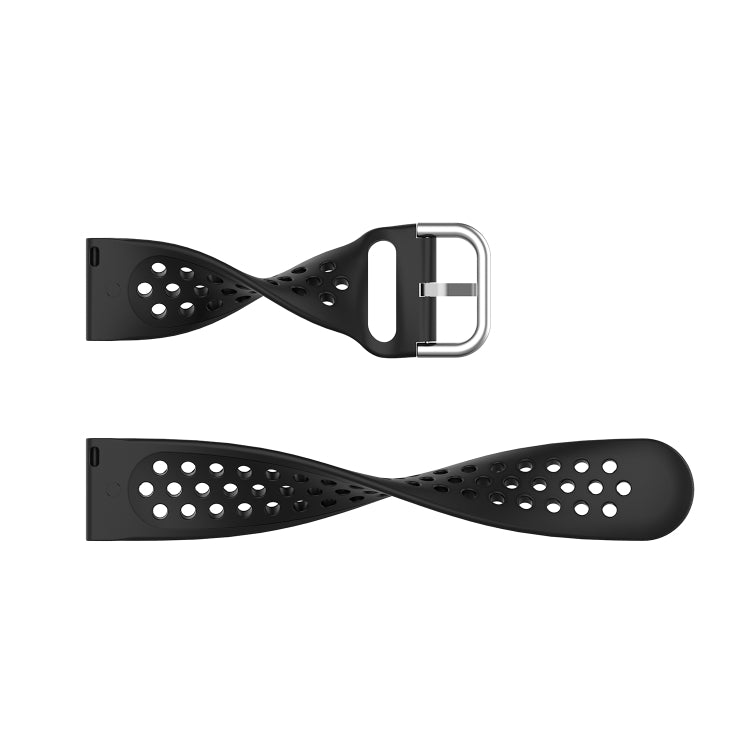 Black perforated silicone wrist strap with metal buckle, front and back views