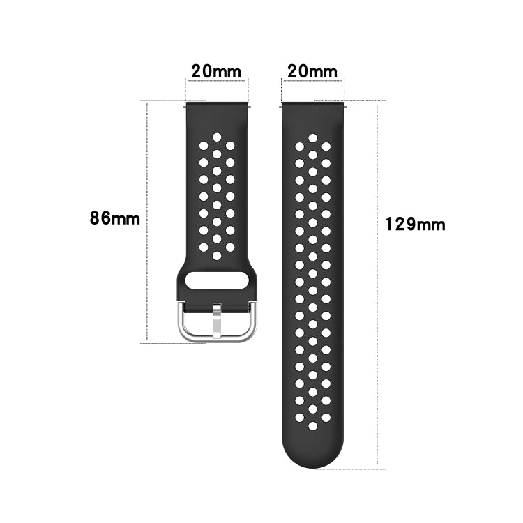 Black perforated silicone wrist strap, 20mm width; length shown 129mm