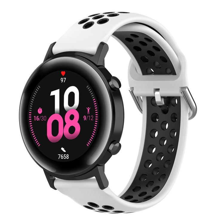 Silicone sports watch strap, white with perforated black pattern and metal buckle