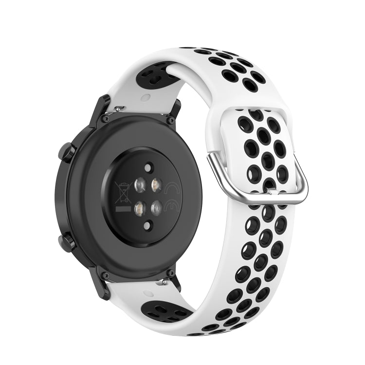 Silicone sports watch strap, white with perforated holes and metal clasp on round watch