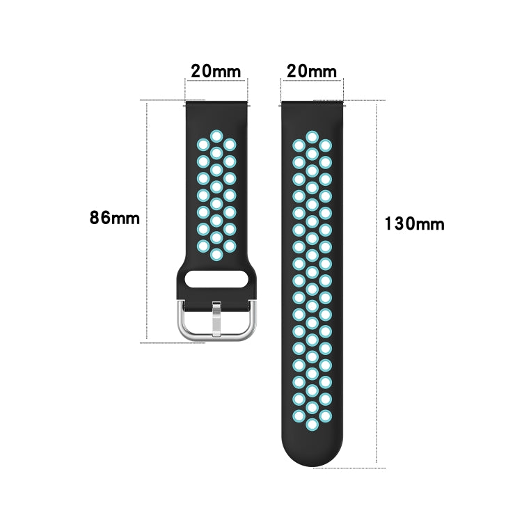 Silicone sports watch strap, black with aqua perforated dots and metal buckle