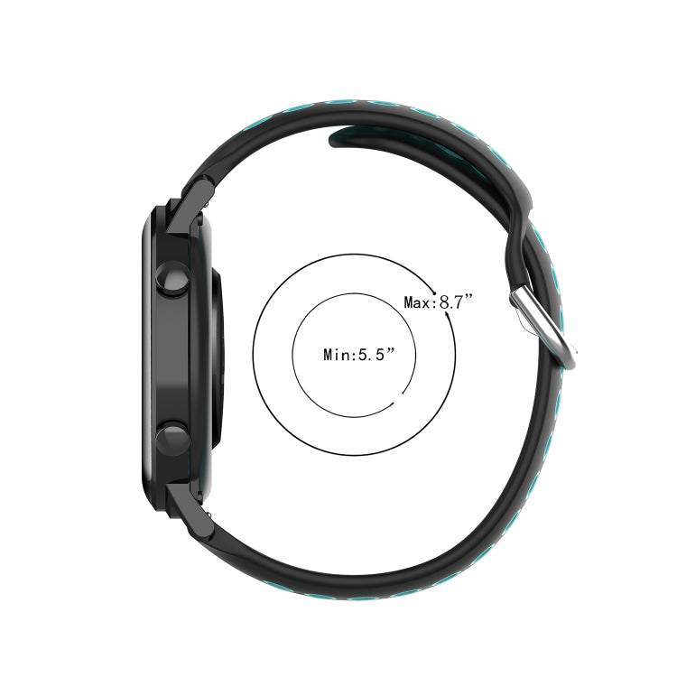 Silicone sports watch strap, black with teal-edged accents and round watch case