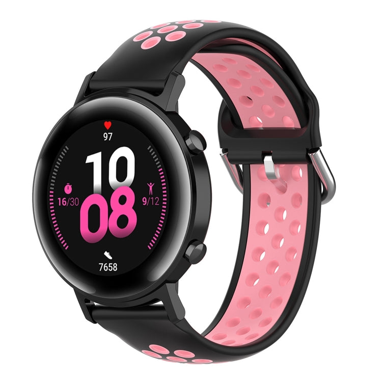 Silicone sports watch strap, black with pink perforated band and clasp