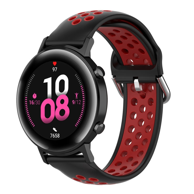 Silicone sports watch strap, black and red perforated band with buckle