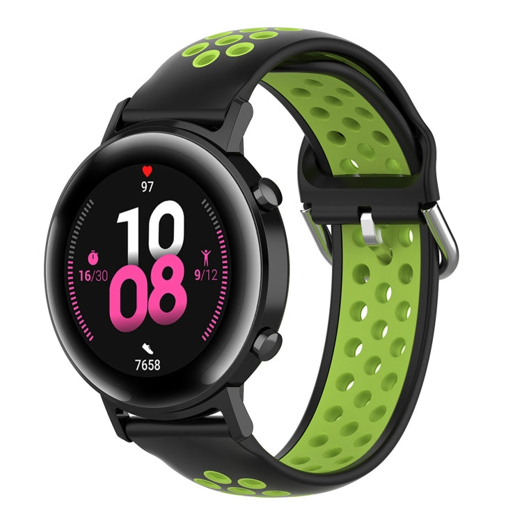 Silicone sports watch strap, black with lime green perforated band and buckle