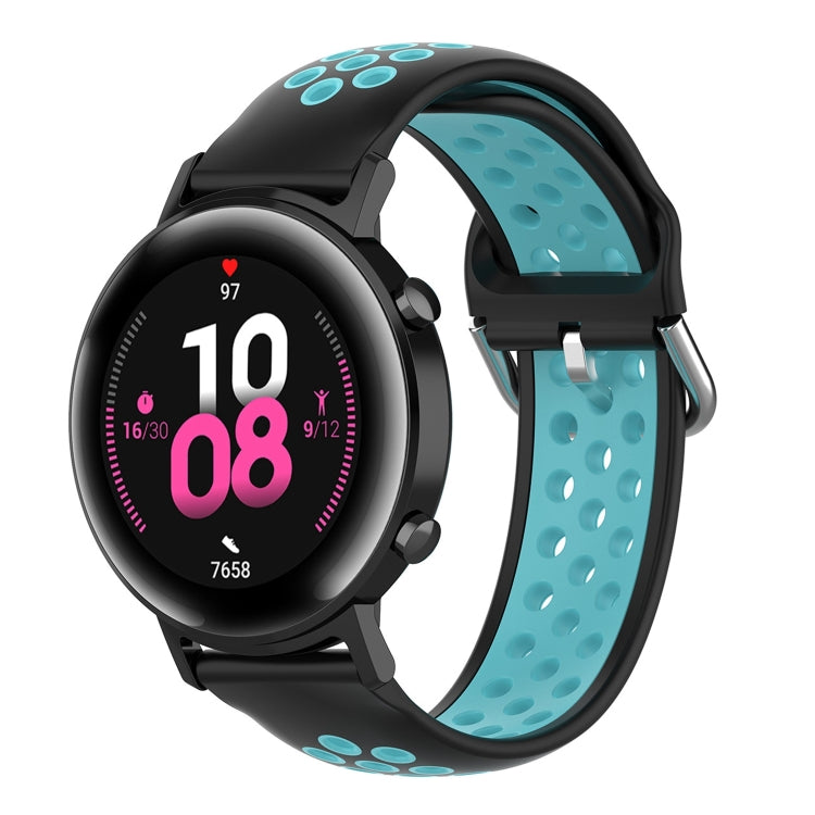 Silicone sports watch strap, black with light blue perforated band and clasp