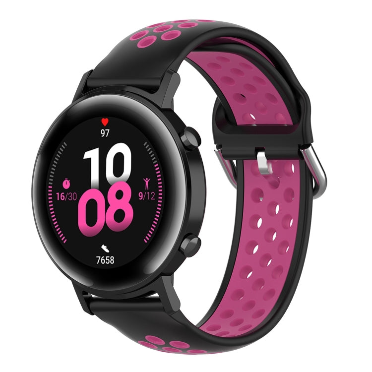 Silicone sports watch strap, black with magenta/pink perforated band and clasp