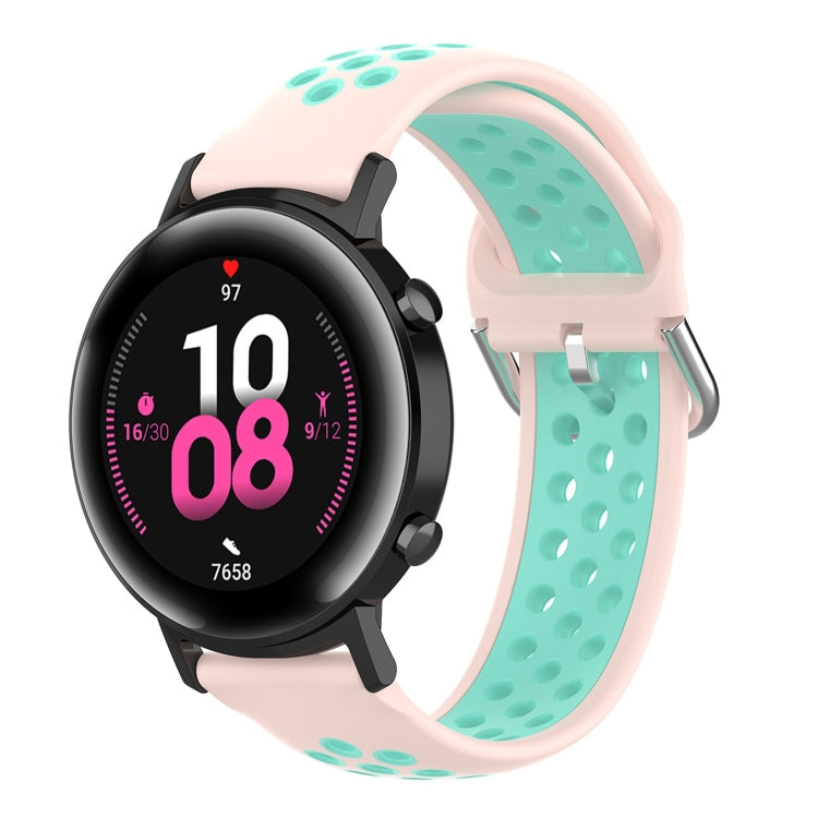 Two-tone pink and teal silicone sports watch strap, perforated, with black watch case