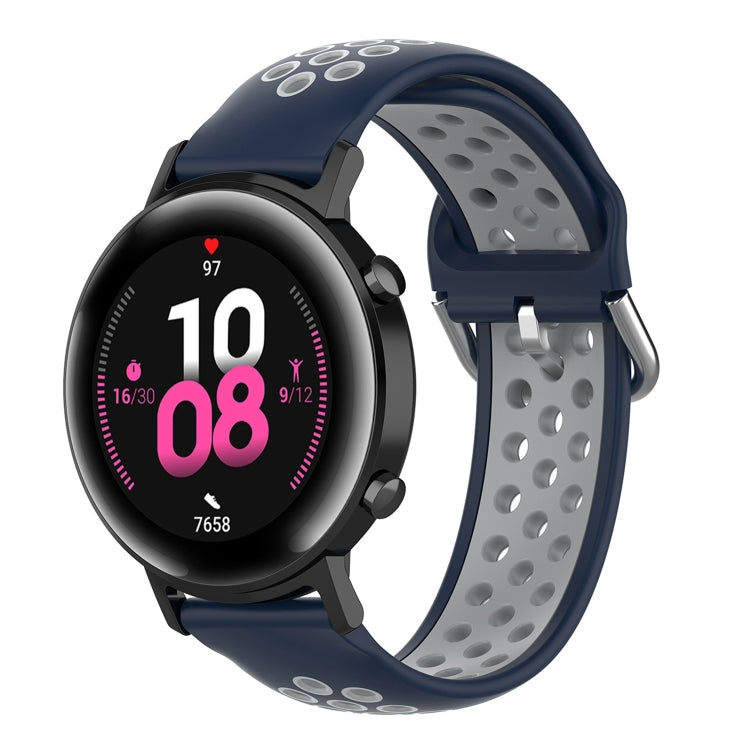 Two-tone navy blue and gray silicone sports watch strap, perforated, with black watch case