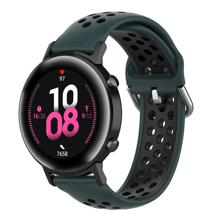 Two-tone dark teal and black silicone sports watch strap, perforated, with black watch case
