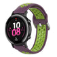 Two-tone purple and lime green silicone sports watch strap, perforated, with black watch case