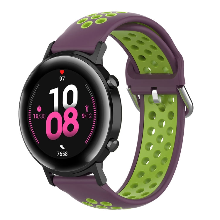 Two-tone purple and lime green silicone sports watch strap, perforated, with black watch case