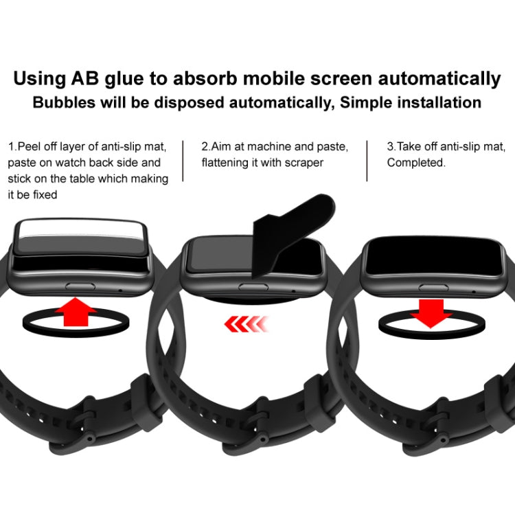 Watch protective film installation steps showing alignment on smartwatch screen