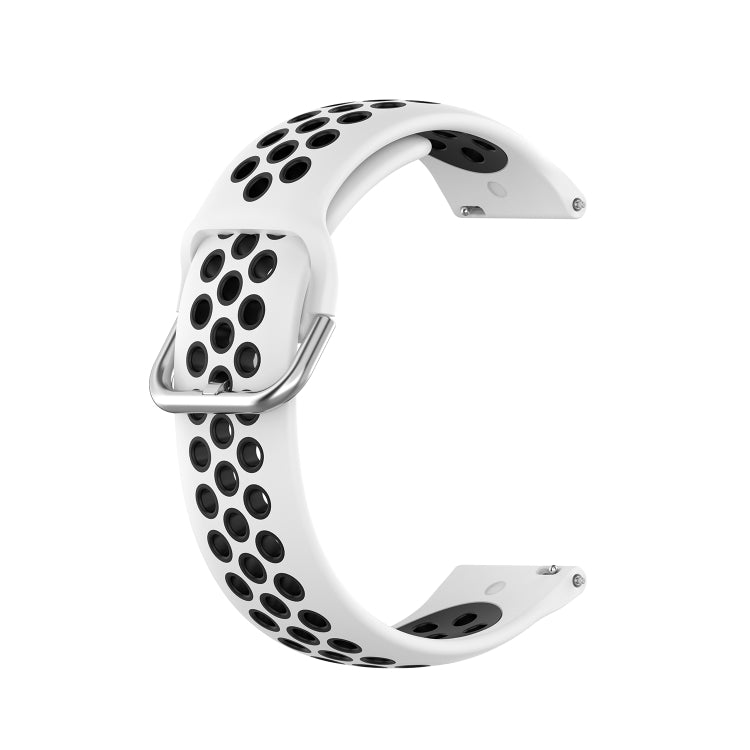 White silicone sport watch strap with oval perforation pattern and metal clasp hardware